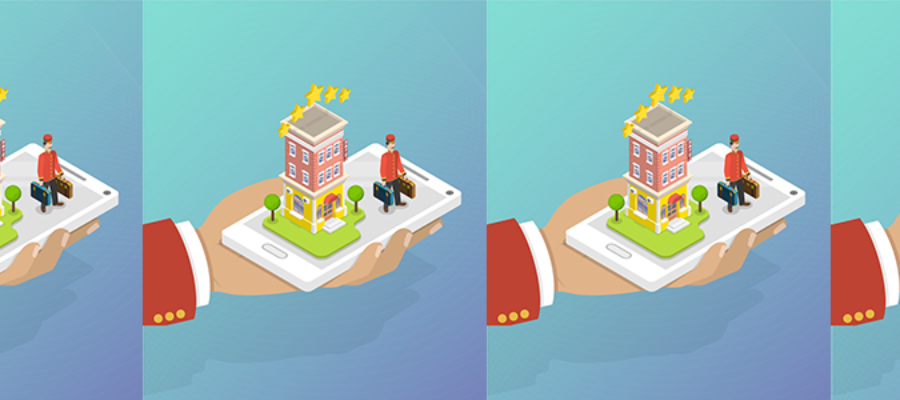Hand holding mobile phone building business person cartoon