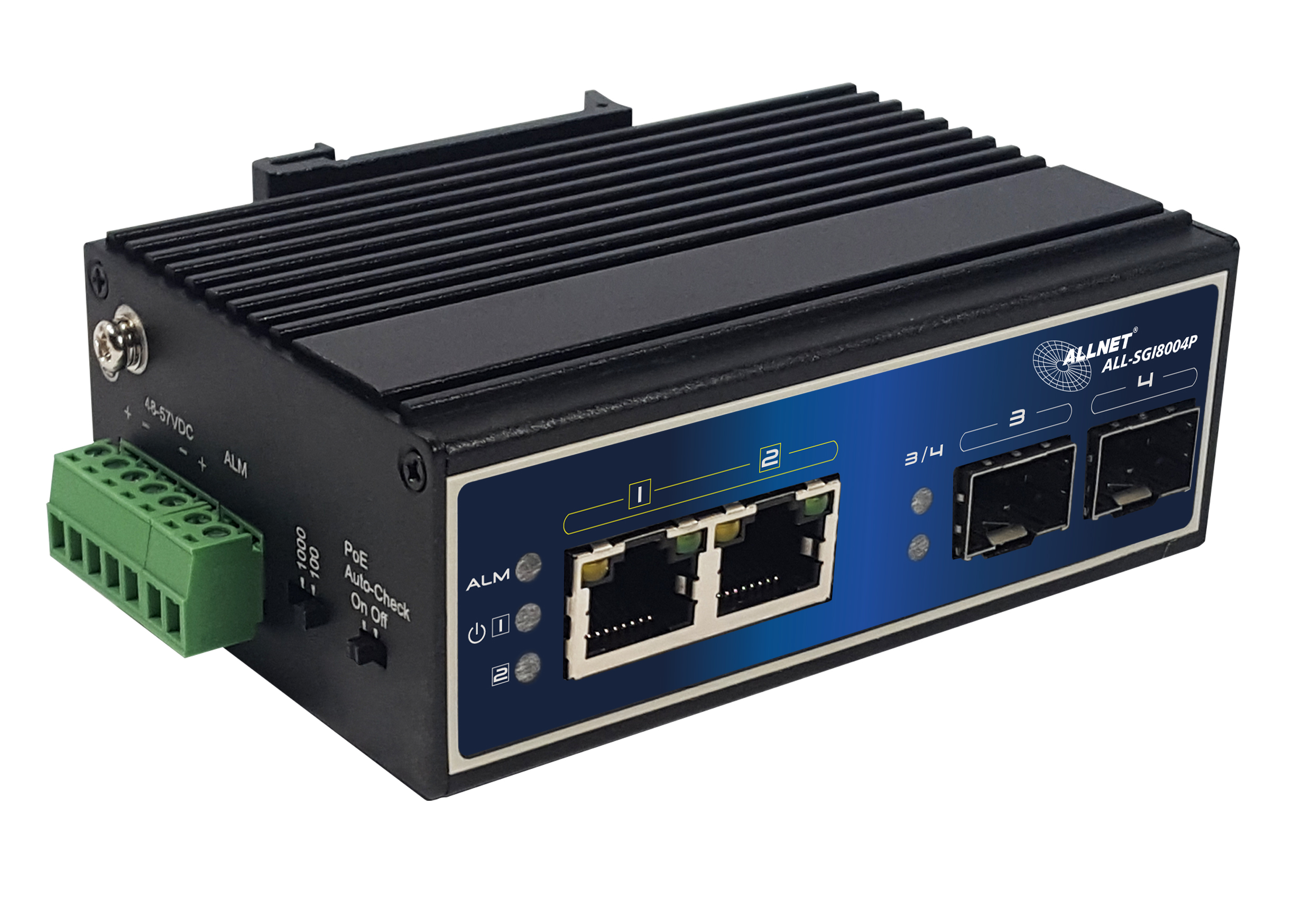 4 Port Gigabit 60W / 2x PoE + / 2x SFP / fanless / DIN / IP40 / “ALL-SGI8004P”